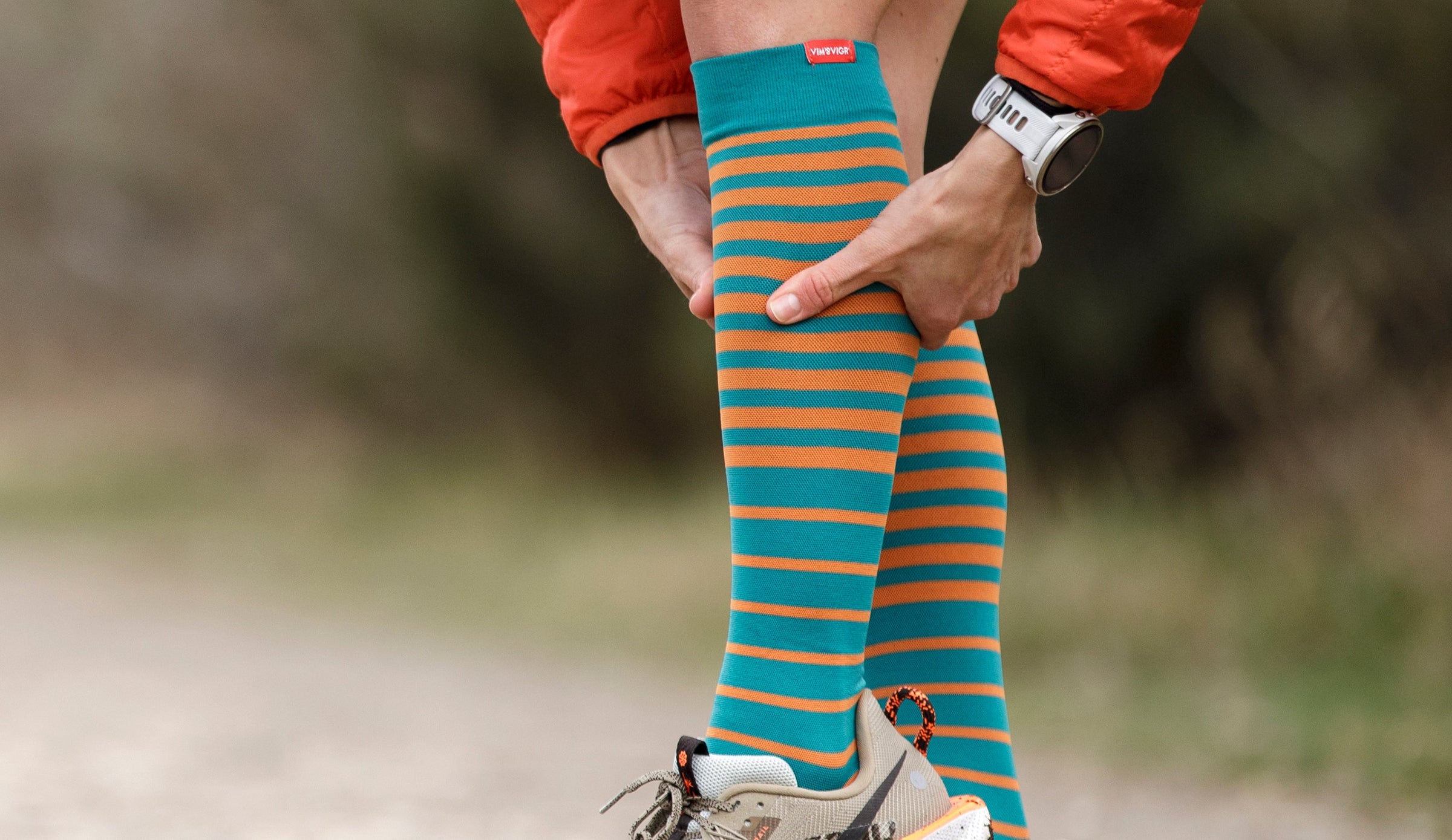 woman wearing falling stripe nylon compression socks