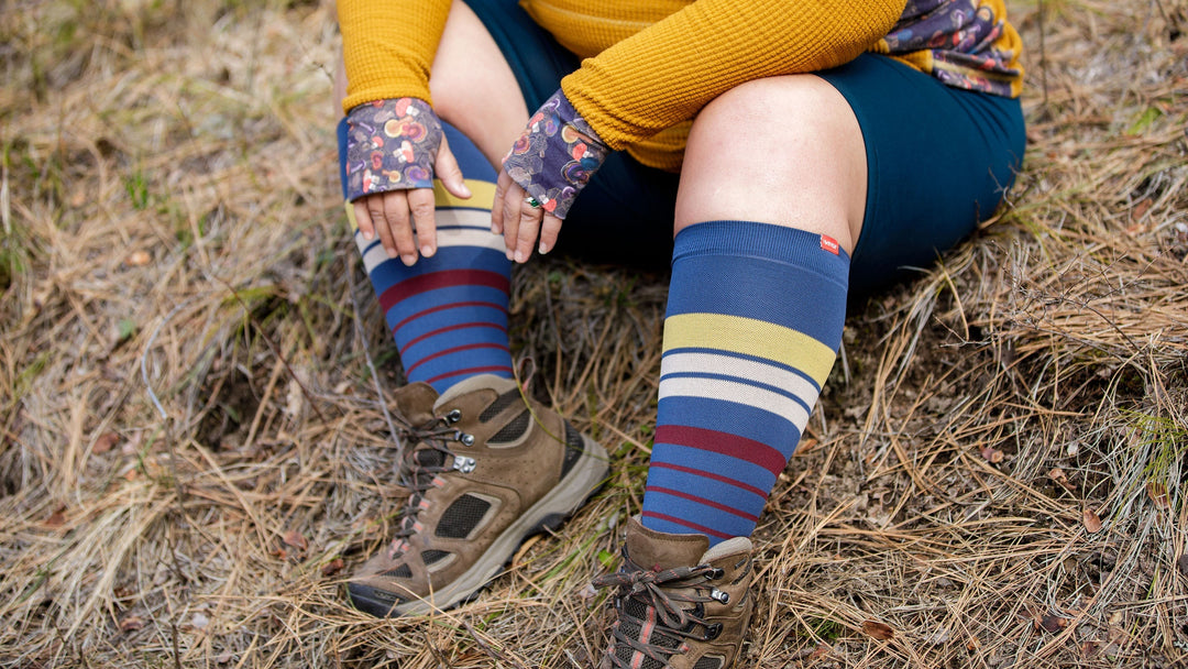 woman wearing wide calf nylon compression socks 