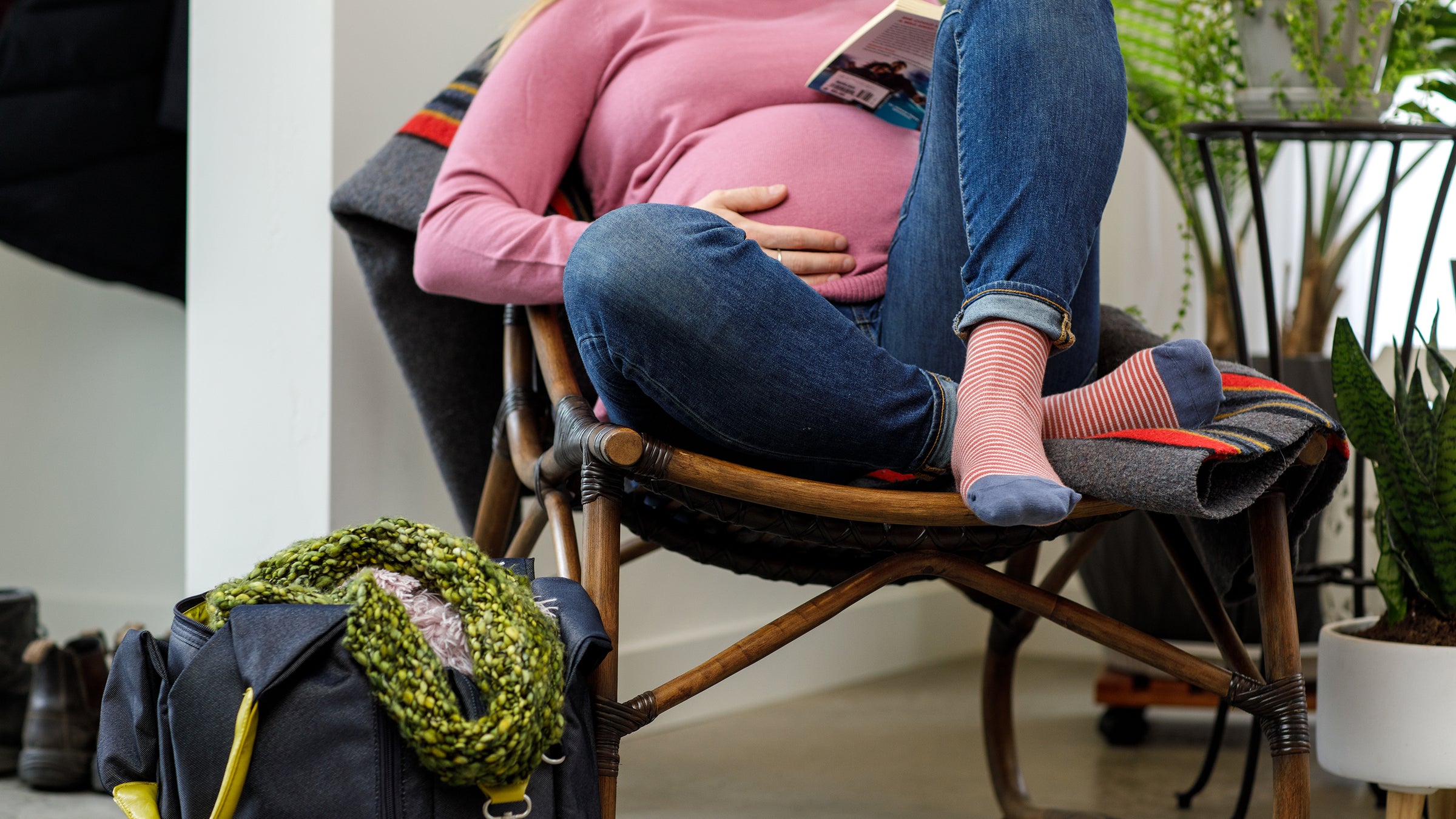 Pregnant woman wearing compression socks