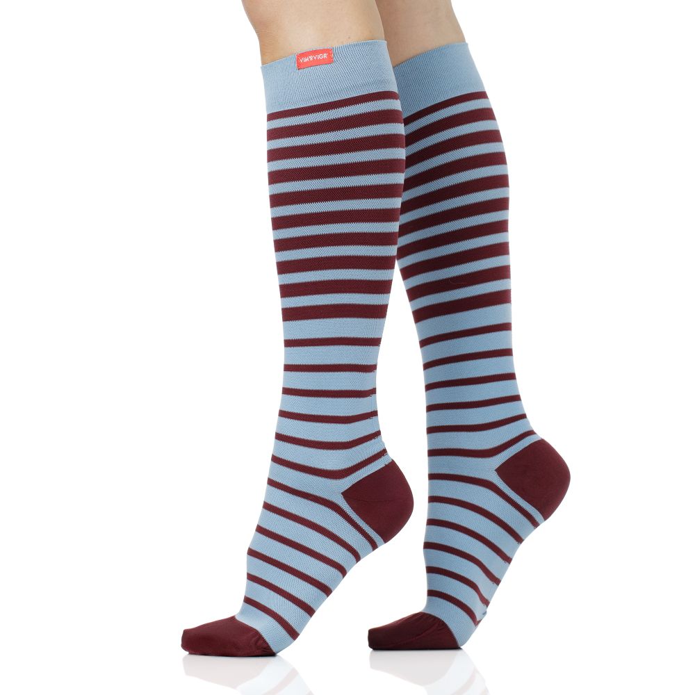 Powder and wine striped knee-high compression socks