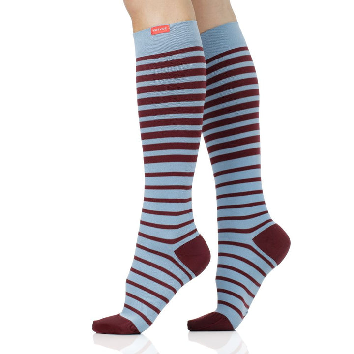 Powder and wine striped knee-high compression socks