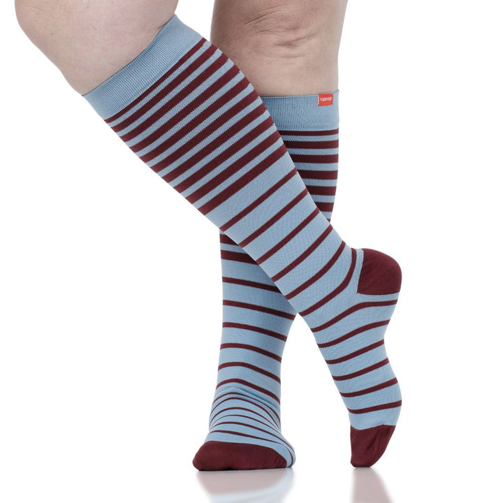 Powder and wine striped knee-high compression socks, side view