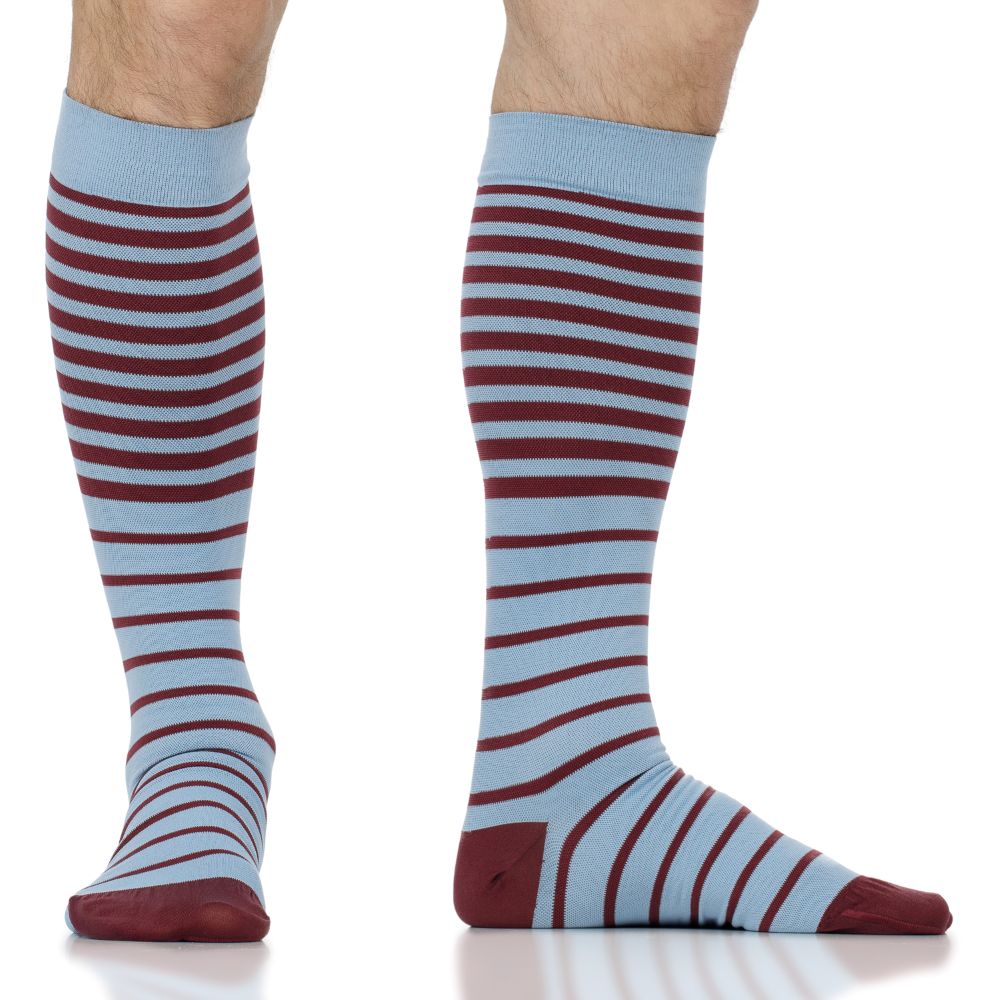 Powder and wine striped knee-high compression socks, back view