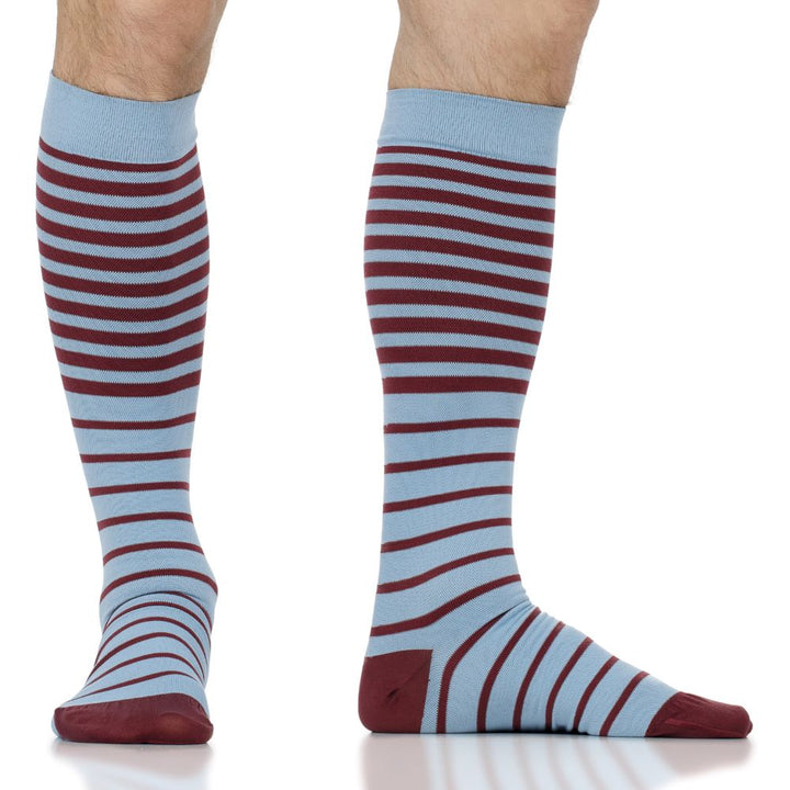 Powder and wine striped knee-high compression socks, back view