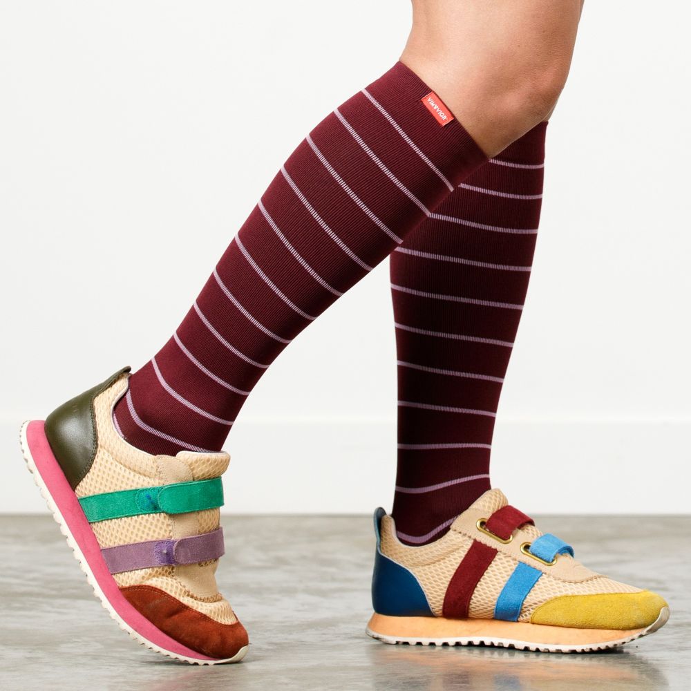 Nautical Stripe Maroon & Mulberry compression socks lifestyle