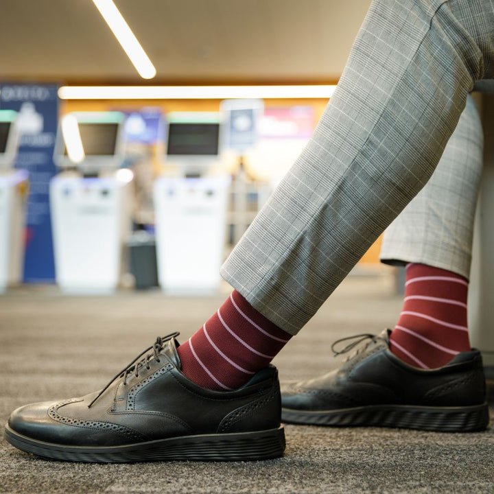 Nautical Stripe Maroon & Mulberry compression socks lifestyle