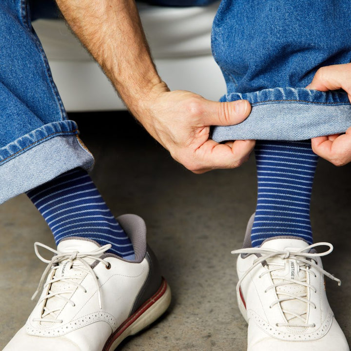 Pinstripe Navy & Light Blue compression socks lifestyle