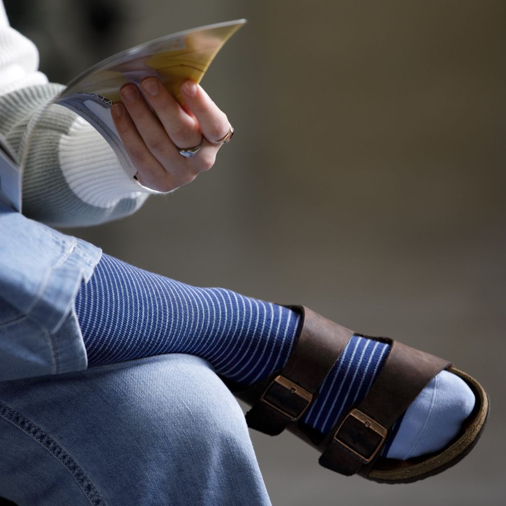 Pinstripe Navy & Light Blue compression socks lifestyle